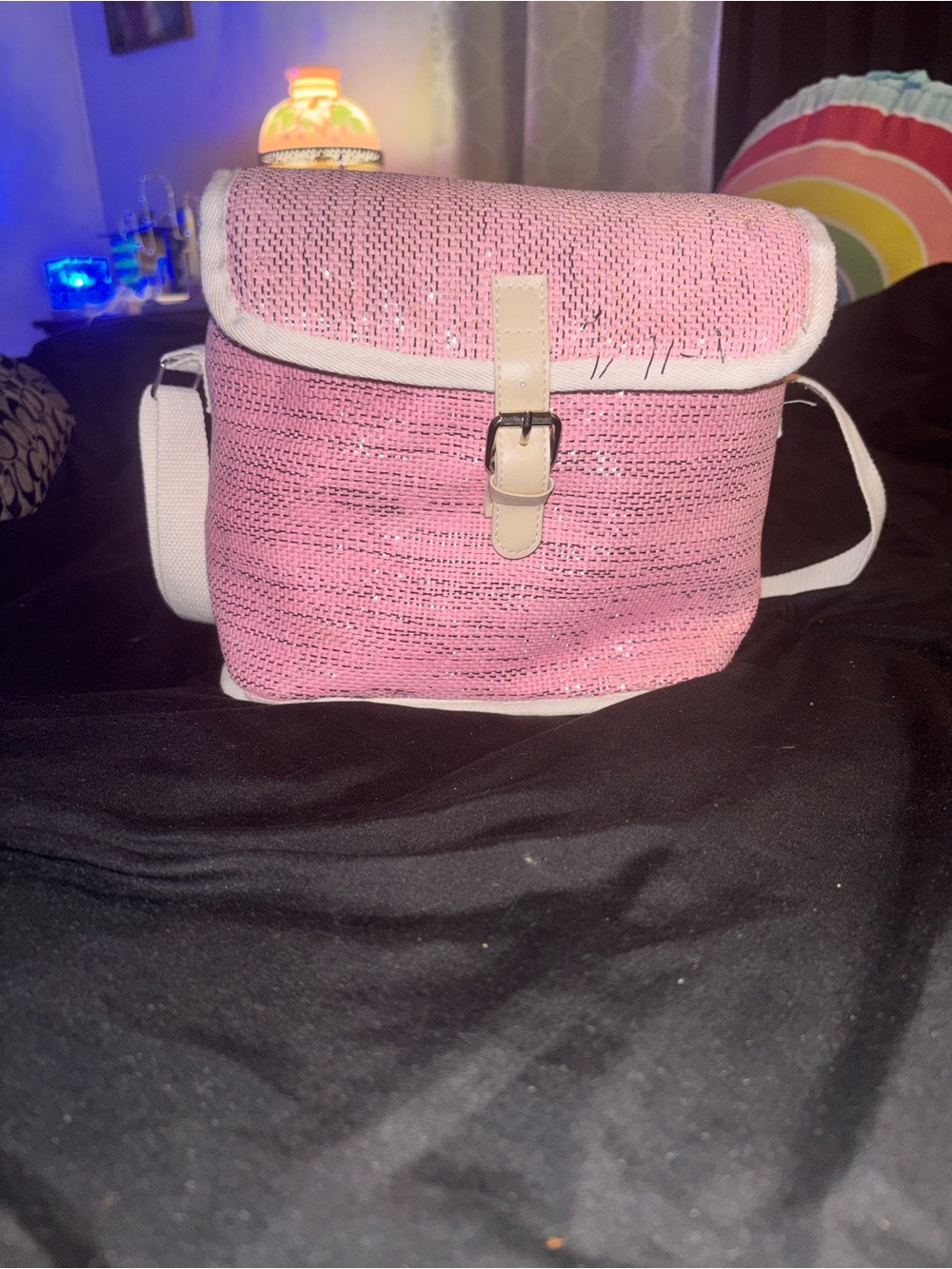 Pink Straw Crossbody Bag with Cream Trim/ lunch bag